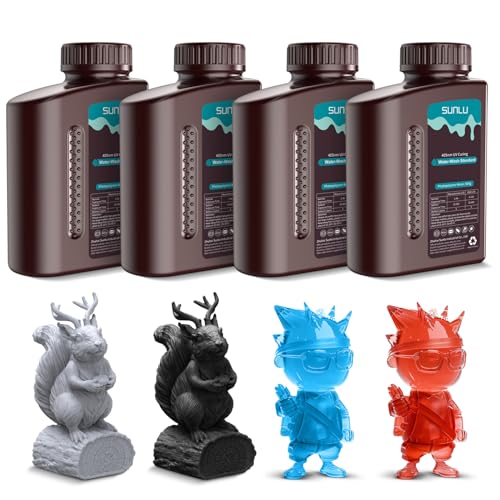 SUNLU Water Washable Resin Bundle Multicolor, Rapid Curing 3D Printing Liquid Photopolymer Resin, 395 to 405nm UV Curing, 2kg in Total, 0.5kg per Bottle, 4 Pack, Grey+Black+Clear Blue+Clear Red