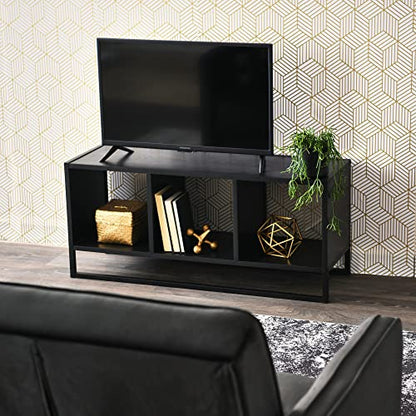 Household Essentials Jamestown TV Stand Coffee Table with Square Cube Storage Compartments Black Oak Wood Grain and Black Metal - WoodArtSupply