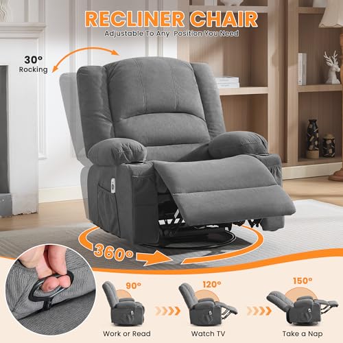 Oversized Recliner Chair with Massage and Heat for Adults, 360° Swivel Rocking Recliner, Big Seat Living Room Chair with Ergonomic Design, Cup Holders and Side Pockets