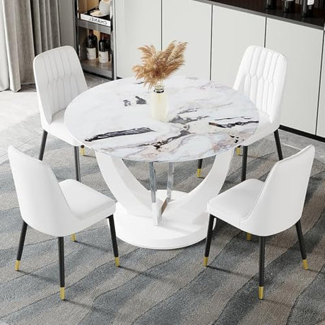 JUFU Round Dining Table Set for 4, 47" White Dinner Table Set for 4 with Marble Pattern Tabletop and PU Upholstered White-007 Chairs, Modern 4 Person Dining Table Set for Dinning Room, Kitchen, Café JUFU