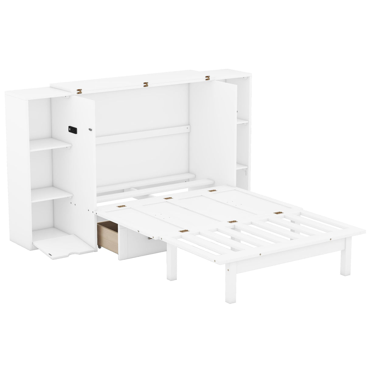 Queen Size Murphy Bed Cabinet with Storage Shelves & USB Ports,Wood Mobile Cabinet Bed with 2 Drawers, Murphy Chest Bed Queen,Space-Saving Folding Murphy Bed Queen for Teens,Adults,White Bellemave