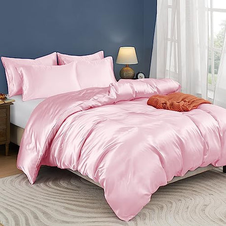 Horbaunal 5 Pieces Satin Duvet Cover Set Queen/Full Size Blush Pink Duvet Cover with Corner Ties & Zipper Closure, Luxury & Silky Bedding Set, 1 Duvet Cover and 4 Pillowcases (No Comforter) Horbaunal