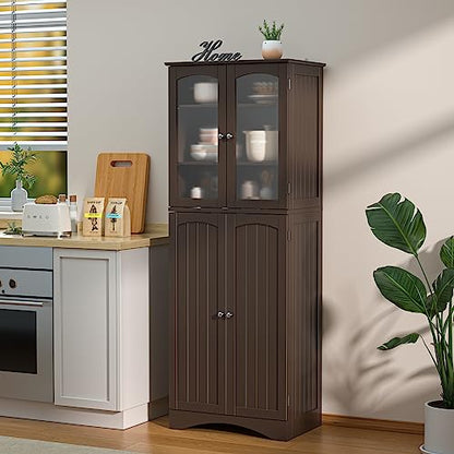 Gizoon 64" Kitchen Pantry Cabinet, Tall Storage Cabinet with Glass Doors and Adjustable Shelves, Freestanding Floor Cabinet Cupboard for Kitchen, Living Room, Dining Room (Dark Brown) - WoodArtSupply