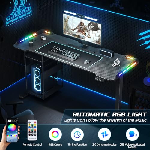 Gaming Standing Desk with LED Lights & Host Shelf, 55" x 24" Gaming Table with Music Sensing APP Control, Underdesk Cable Storage Electric Standing Desk, Black Carbon Fiber PC Table for Home Office Flycity