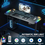 Gaming Standing Desk with LED Lights & Host Shelf, 55" x 24" Gaming Table with Music Sensing APP Control, Underdesk Cable Storage Electric Standing Desk, Black Carbon Fiber PC Table for Home Office Flycity