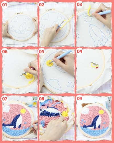 FIVEIZERO DIY Punch Needle Kit for Beginners,Mountain View Punch Embroidery Kit with Patterns,Yarn Punch Needle Art Craft Kit for Adults,Punch Needling Starter Set for DIY Gift and Home Decor
