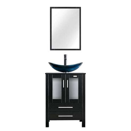 eclife 24" Modern Bathroom Vanity Sink Combo Black Stand Cabinet with Blue Boat Tempered Glass Vessel Sink & Water Save Faucet & Pop Up Drain (A29BU) eclife