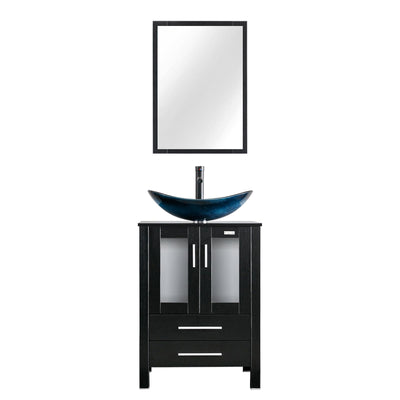 eclife 24" Modern Bathroom Vanity Sink Combo Black Stand Cabinet with Blue Boat Tempered Glass Vessel Sink & Water Save Faucet & Pop Up Drain (A29BU)
