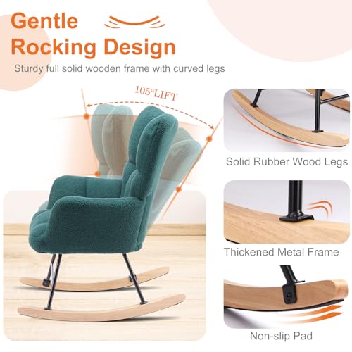 Sweetcrispy Rocking Chair Nursery, Teddy Upholstered Glider Rocker with High Backrest, Reading Chair Modern Rocking Accent Chairs Glider Chair for Nursery, Living Room, Bedroom, Forest Green Sweetcrispy