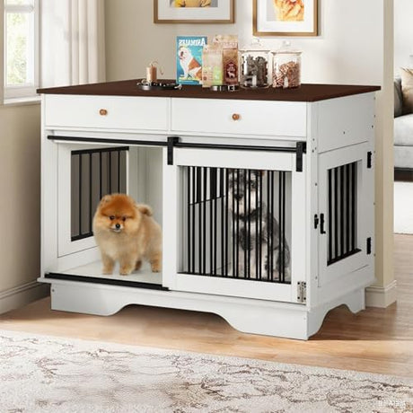 Dog Crate Furniture for 2 Dogs, Dog Kennel with 2 Storage Drawers & Divider, Large Double Dog Cage As TV Stand, Furniture Style Dog Crates with Sliding Barn Door (Brown & White) OUTDOOR DIAMOND