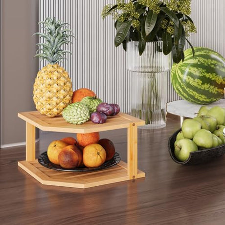 VERTORGAN Bamboo Corner Shelf,2 Tier Plate Organizer for Cabinet and Countertop,Pantry Dish and Spice Rack for Kitchen VERTORGAN
