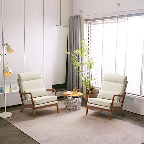 JOYBASE Lounge Accent Chair, Mid Century Modern Chair, High Back Chair, Wood Frame Armchair, Comfy Reading Chair for Living Room, Office, Bedroom (Off-White, Fabric), 34.6''D x 25.6''W x 36.6''H JOYBASE