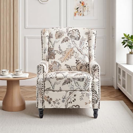 Pushback Recliner Chair, Floral Fabric Wingback Recliner Chair, Upholstered Rivet Trim Armchair Push Back Recliner Accent Chair for Small Spaces, Living Room, Plants Beige Blissabod