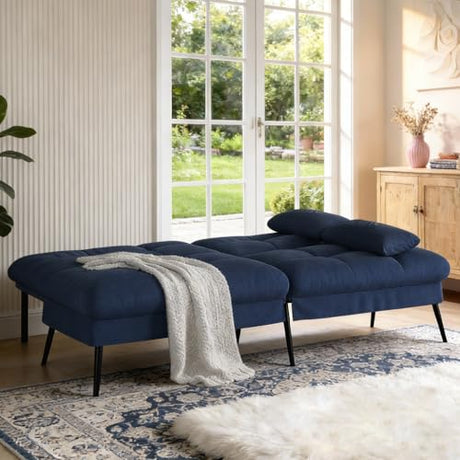 COMHOMA 72″Futon Sofa Bed,Modern Convertible Sleeper Sofa, Fabric Futon Couch with Multi-Position Backrest for Living Room Furniture (Blue) COMHOMA