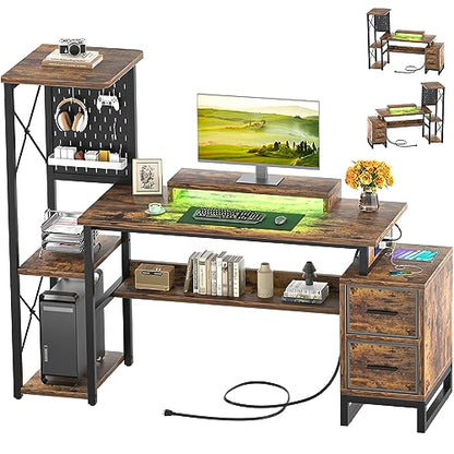 Computer Desk with 2 Fabric Drawers - Reversible Home Office Desk with Power Outlet & LED Lights, 53" Writing Desk with Monitor Stand & Storage Shelves, Gaming Desk with Pegboard, Rustic Brown