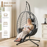 ONBRILL Hanging Egg Chair with Adjustable Footrest & Stand, Wicker Rattan Swing Hammock Chair with Cushion & Double Chains, 350LBS Capacity for Outdoor & Indoor Patio, Deck, Bedroom, Balcony (BL-GR)