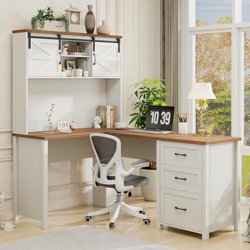 Vabches Farmhouse 68" H L Shaped Desk with Hutch,Office Table with 3 Drawers and Sliding Doors, Executive Desk with File Drawers and Charging Station, Wood Workstation for Home Office and Study Vabches