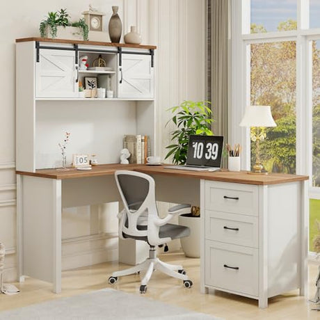Vabches Farmhouse 68" H L Shaped Desk with Hutch,Office Table with 3 Drawers and Sliding Doors, Executive Desk with File Drawers and Charging Station, Wood Workstation for Home Office and Study Vabches