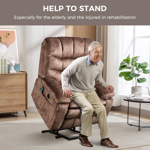 IOMOR Large Power Lift Recliner with Massage and Heat for Elderly, Heavy Duty & Safety Motion Reclining Mechanism, Ergonomic Electric Wider Chair with USB Port, 2 Hidden Cup Holders (1, Brown)