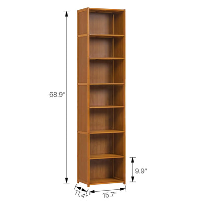 BRIGHTORIA 7 Tier Bookshelf, Bamboo Tall Free-Standing Space-Saving Narrow Bookcase for Living Room, Study, or Home Storage and Display