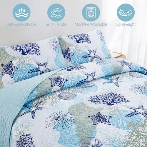 Dinjoy Coastal Quilt Set Twin Size, Blue Ocean Beach Themed Bedding Set Coral Seashell Conch Starfish Pattern Microfiber Lightweight Summer Bedspread Coverlet Bed Set All Season(68x86 Inch) Dinjoy