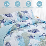 Dinjoy Coastal Quilt Set Twin Size, Blue Ocean Beach Themed Bedding Set Coral Seashell Conch Starfish Pattern Microfiber Lightweight Summer Bedspread Coverlet Bed Set All Season(68x86 Inch) Dinjoy