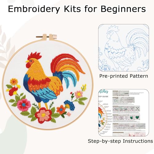 Nuberlic Rooster Embroidery Kit for Adults Beginners, Stamped Farmhouse Embroidery Starter Kit with 7.9 Inch Hoop, Threads, Needles & Instructions, DIY Needlework Craft Gift