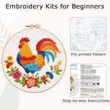 Nuberlic Rooster Embroidery Kit for Adults Beginners, Stamped Farmhouse Embroidery Starter Kit with 7.9 Inch Hoop, Threads, Needles & Instructions, DIY Needlework Craft Gift