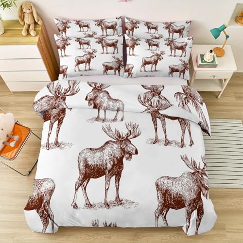 Double-Sided Printed Bedding with Minimalist Deer Wildlife - Ultra-Soft Microfiber Duvet Cover Set Single Durable Zipper Closure, Comfortable Quilt Cover for Bedroom Décor White Generic