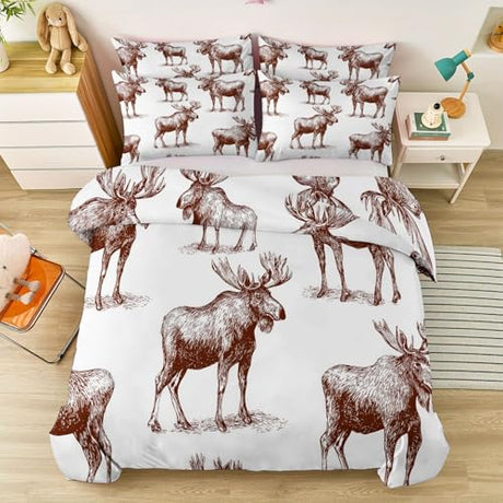 Double-Sided Printed Bedding with Minimalist Deer Wildlife - Ultra-Soft Microfiber Duvet Cover Set Single Durable Zipper Closure, Comfortable Quilt Cover for Bedroom Décor White Generic