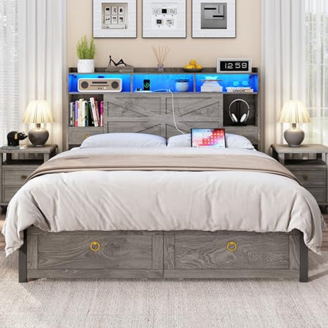 TIGUBFRE Full Bed Frame with Storage Headboard, Farmhouse Wood Bed Frame Full Size with 4 Drawers, LED Light & Charging Station, Metal Slats Support, Noise Free, No Box Spring Needed, Rustic Gray TIGUBFRE