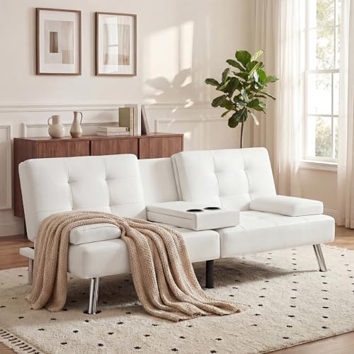 YESHOMY Modern Futon Sofa Bed, Convertible Futon Couch with Adjustable Backrest, Futon Loveseat Sleeper Sofa Bed with Armrest for Living Room, Small Spaces,PU Leather, White YESHOMY