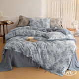 VM VOUGEMARKET Duvet Cover Set King Size Linen Cotton Yarn-Dyed Duvet Cover,Jacquard Garden Floral Pattern Monet Style 3Pieces Bedding Set,Navy Blue VM VOUGEMARKET
