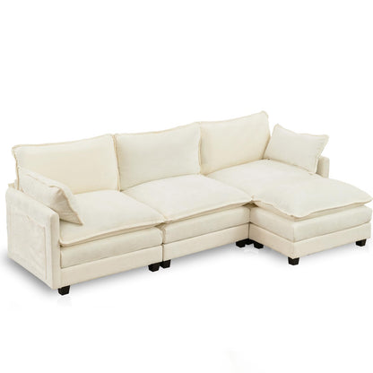 SAMERY Sectional Sofa Cloud Couch, 113" Big Comfy Couch L Shape Sofa Couch for Living Room Extra Deep Seat Sofa Couch Chenille Sofa Sleeper with Ottoman/Pillows, Cream White 3 Seat Sofa Cloud Couch