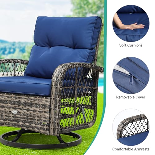 YITAHOME 3 Piece Patio Outdoor Swivel Glider Rocker Wicker Patio Bistro Rocking Set with Wood-Grain Table for Garden, Backyard and Balcony (Navy Blue) - WoodArtSupply