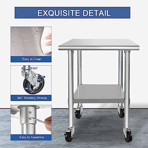 HARDURA Stainless Steel Table with Wheels 24 x 30 Inches Casters NSF Heavy Duty Commercial Work & Prep Table with Undershelf and Galvanized Legs for Restaurant Kitchen Bar and Hotel Garage HARDURA Restaurant Equipment