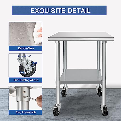 HARDURA Stainless Steel Table with Wheels 24 x 30 Inches Casters NSF Heavy Duty Commercial Work & Prep Table with Undershelf and Galvanized Legs for Restaurant Kitchen Bar and Hotel Garage - WoodArtSupply