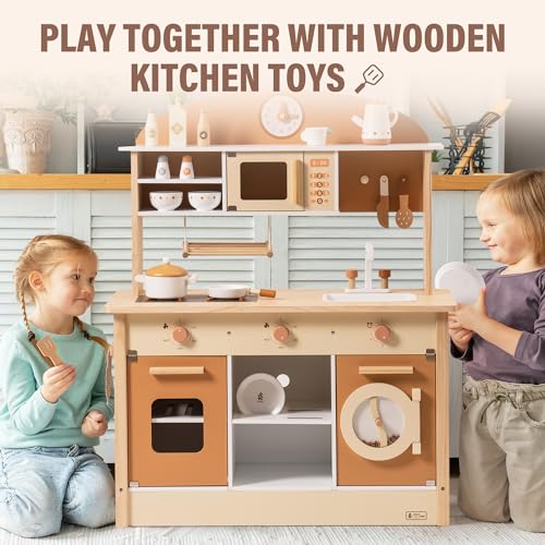 ROBUD Wooden Play Kitchen for Kids Toddlers, Kids Kitchen Playset with Realistic Accessories, Toy Kitchen Set with Plenty of Play Features, Modern Style Toy Kitchen for Girls & Boys, 3+, Caramel ROBUD