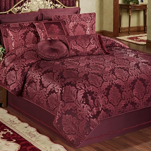 Touch of Class Camelot Luxury Bedding | Robust Burgundy | Matte Satin Damask on Richly Textured Jacquard-Woven Chenille Design | 4 Piece Set Includes King Comforter, Bedskirt, and 2 King Shams Touch of Class