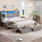TIGUBFRE King Bed Frame with Storage Headboard, Farmhouse Wood Bed Frame King Size with 4 Drawers, LED Light & Charging Station, Metal Slats Support, Noise Free, No Box Spring Needed, Rustic Grey TIGUBFRE