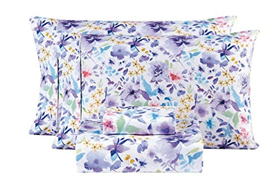 Mooreeke Floral Full Sheets, Soft Breathable Microfiber Vintage Printed Bed Sheet Set, Deep Pocket Non-Slip Fitted Sheet Included, Purple Flower Pattern