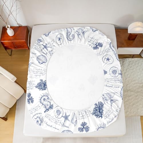 Coastal Sheet Set King Size,Seashell Conch Seahorse Starfish Coral Bedding Set 4Pcs,Ocean Beach Nautical Bed Sheet for Kids Teens Adult Room Decor,Navy White Fitted + Flat Sheet,2 Pillowcases Homewish