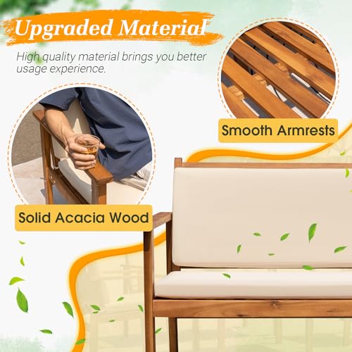 Greesum Outdoor Patio Furniture, 4 Piece Bistro Sofa Set with Coffee Table and Loveseat, Acacia Wood Conversation Sets with Cushions, for Garden, Backyard, Poolside, White Greesum