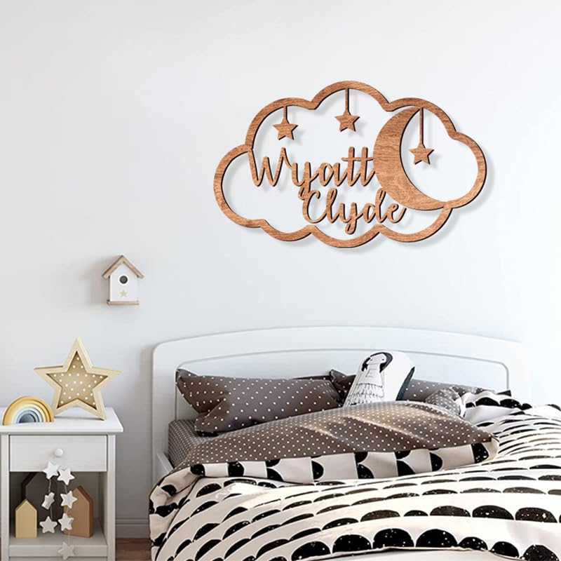 Custom baby name signs for nursery, Moon and clouds nursery wood sign, Boho nursery decor, Stars and moon nursery decor, Name sign for nursery, IZI POD