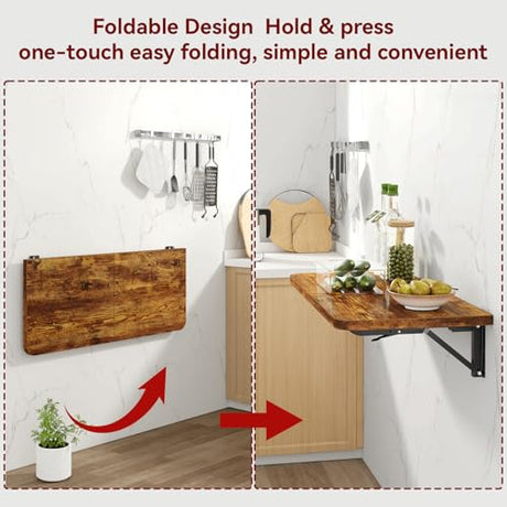 IBUYKE Wall Mounted Folding Table, Floating Wall Desk for Small Spaces, Fold Down Laundry Shelf with Heavy-Duty Brackets, Wall Table for Home Office/Bar/Kitchen/Dining, Rustic Brown UTVT005H IBUYKE