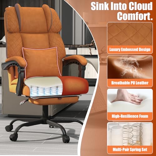 Ergonomic Office Chair with Footrest, 400lbs High Back Executive Home Office Computer Chair with Unique Ear-Shape Headrest for Neck Support,Brown Leather Office Chairs for Home Office Work Hihady
