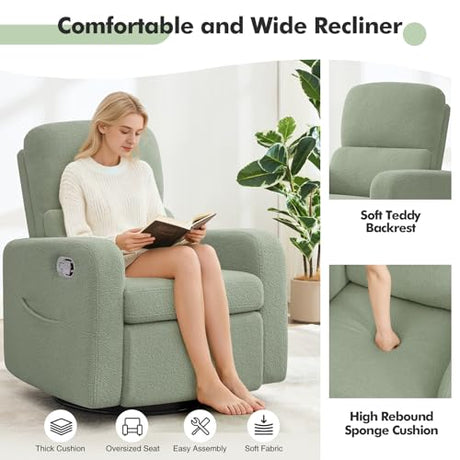 AEMEIOS Swivel Rocker Recliner, Oversized Manual Boucle Nursery Glider Rocking Recliner Chair with Removable Cushion, Upholstered Swivel Reclining Chair for Nursery Living Room Bedroom, Teddy Green AEMEIOS