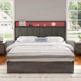 AMERLIFE Queen Size Lift Up Bed Frame with Linen Upholstered & LED Light & Storage Headboard, Platform Bed Frame with Charging Station, No Box Spring Needed, Noisy Free, Rustic Grey AMERLIFE