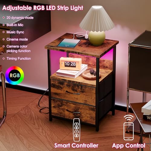 Fixwal Night Stand with Charging Station, LED Nightstand with U-S-B Ports and Outlets, 2 Fabric Storage Drawers with PU Finish, Bedside Table, Rustic Brown Fixwal