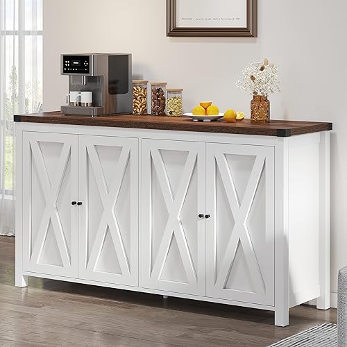 YITAHOME Farmhouse Sideboard Buffet Cabinet with Storage with 4 Doors, 55'' Large Kitchen Storage Cabinet, Wood Coffee Bar Cabinet with Adjustable Shelf for Kitchen, Living Room, White